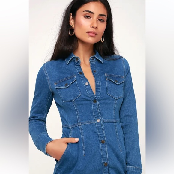 Free People Dynomite Medium Wash Long Sleeve Denim Dress - Picture 1 of 10